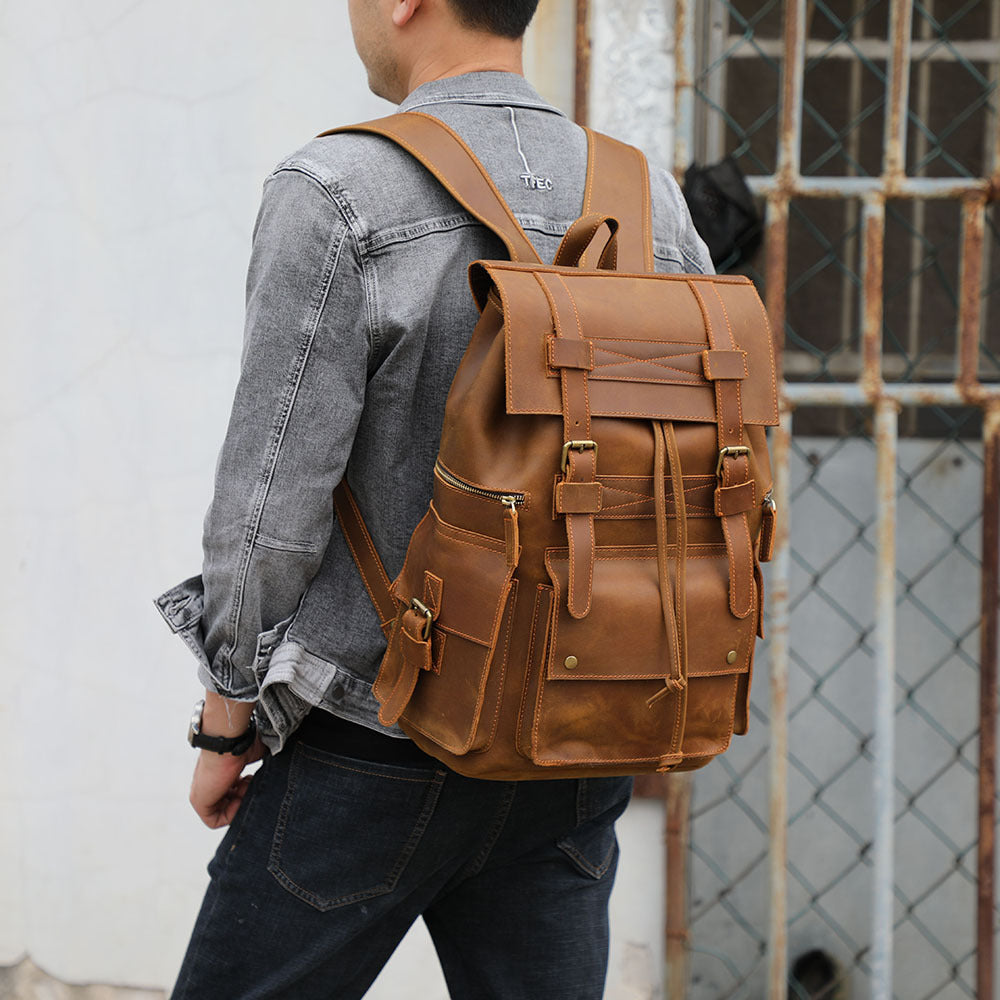 17" Retro Buffalo Leather Laptop Travel Backpack