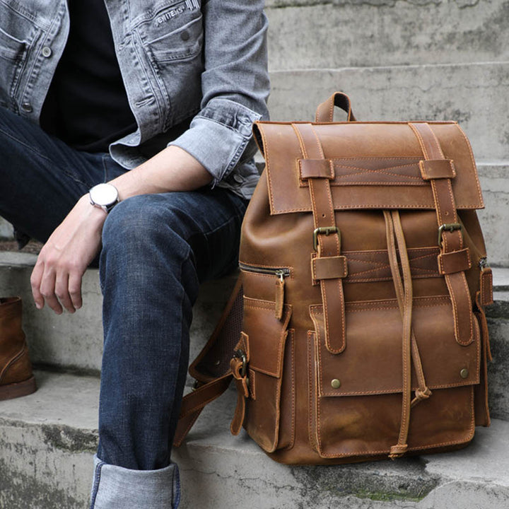 17" Retro Buffalo Leather Laptop Travel Backpack