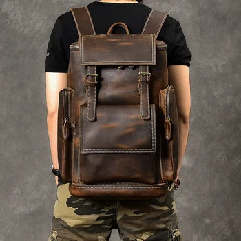17" Retro Buffalo Leather Laptop Travel Backpack
