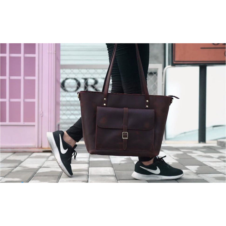 Vintage Genuine Leather Tote Bag - 5