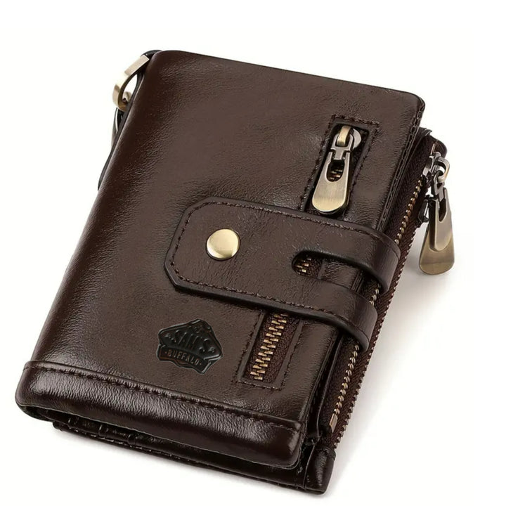 Brown leather wallet with zipper on a white background
