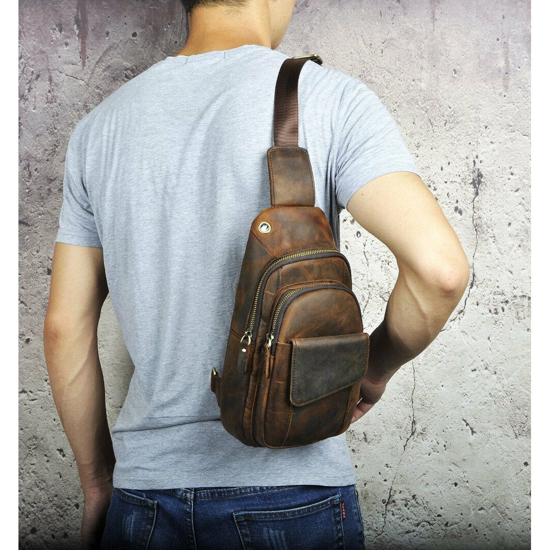 Original Crazy Horse Leather men Casual Fashion Travel Bag outlet Daypack Chest Sling Bag Design ipad bag One Shoulder Bag Strap Crossbody Bag Male